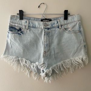 Distressed light wash denim shorts